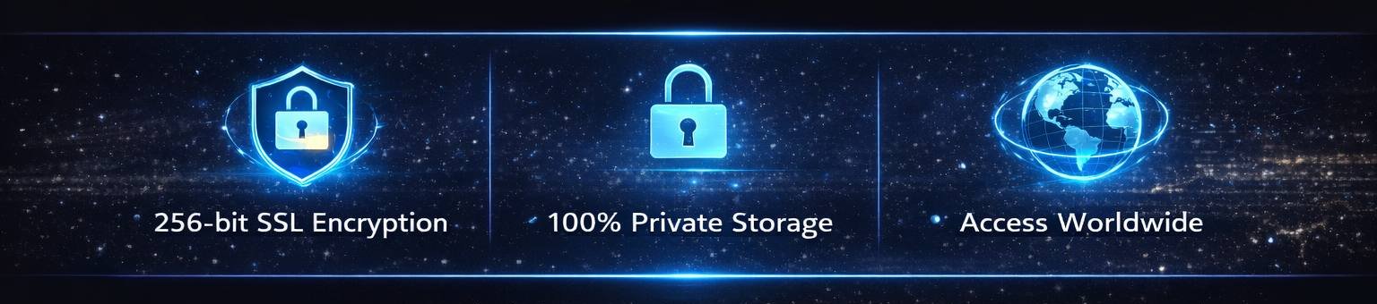 256-bit SSL Encryption · 100% Private Storage · Access Worldwide
